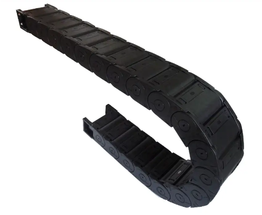 Cross section of full black enclosed drag chain, internal structure detail