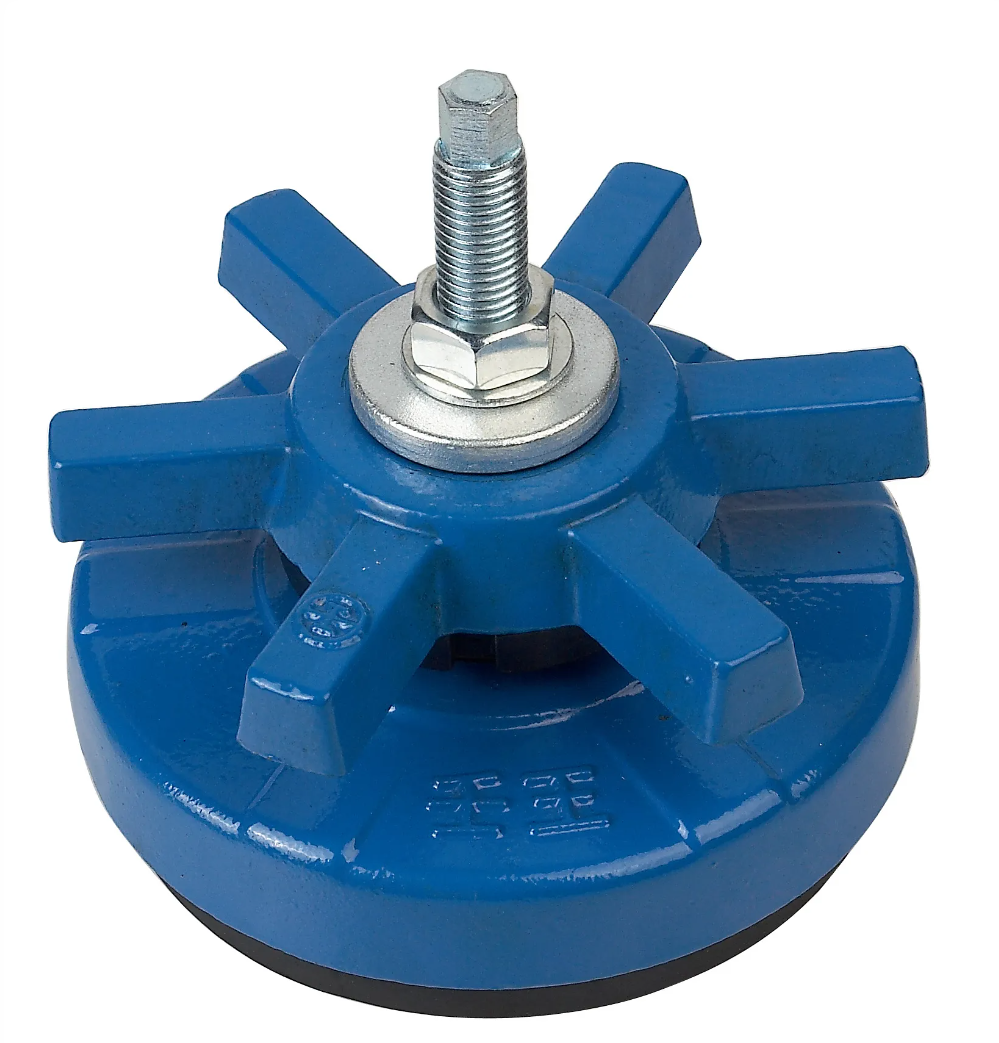 Side detail of adjustable machine leveling mount, heavy duty machine mount