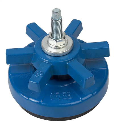 Side detail of adjustable machine leveling mount, heavy duty machine mount