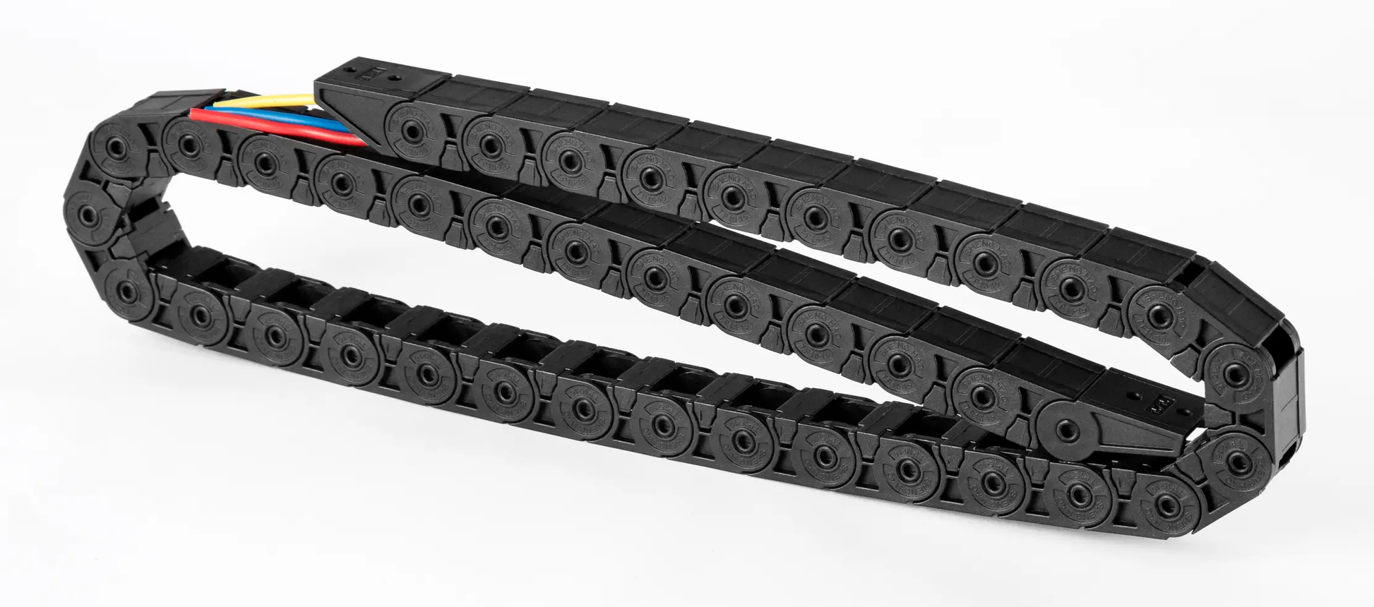 End detail of mini black plastic drag chain, small size drag chain end