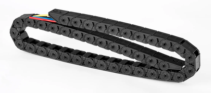 End detail of mini black plastic drag chain, small size drag chain end