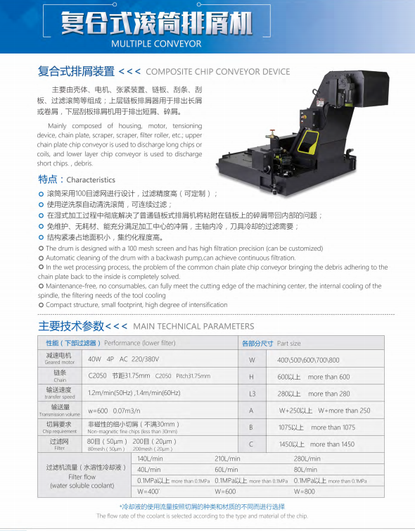 Combined chip conveyor specification, parameters and features details