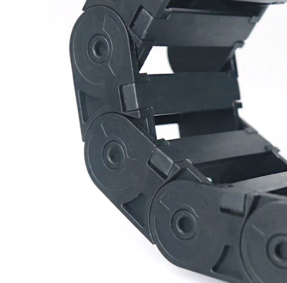 End detail of full black bridge type drag chain, black plastic drag chain
