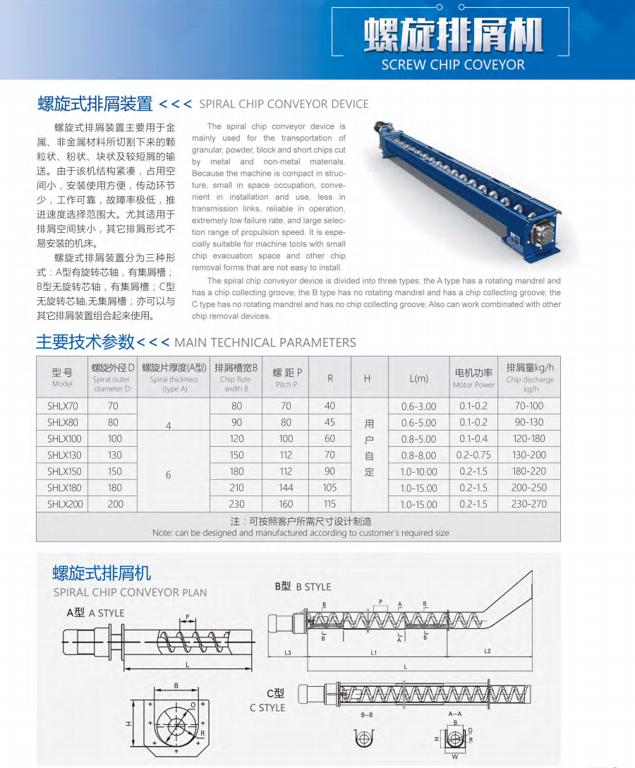 Screw type chip conveyor specification, A/B/C type details and parameters