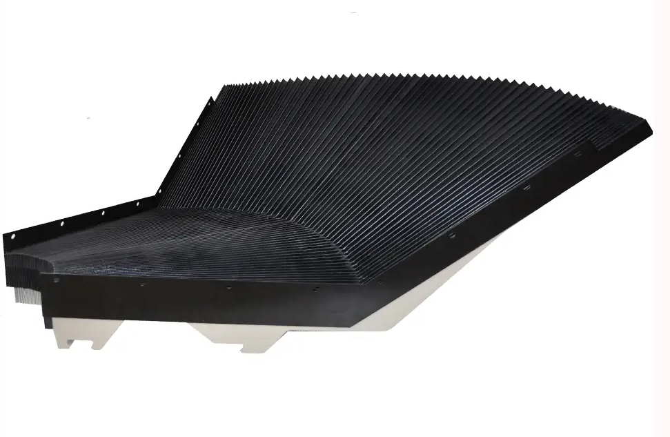 End detail of special shaped bellow cover with support legs, one side short one side long machine cover