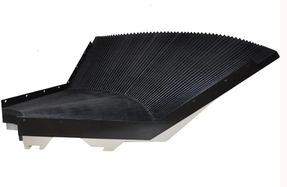 End detail of special shaped bellow cover with support legs, one side short one side long machine cover