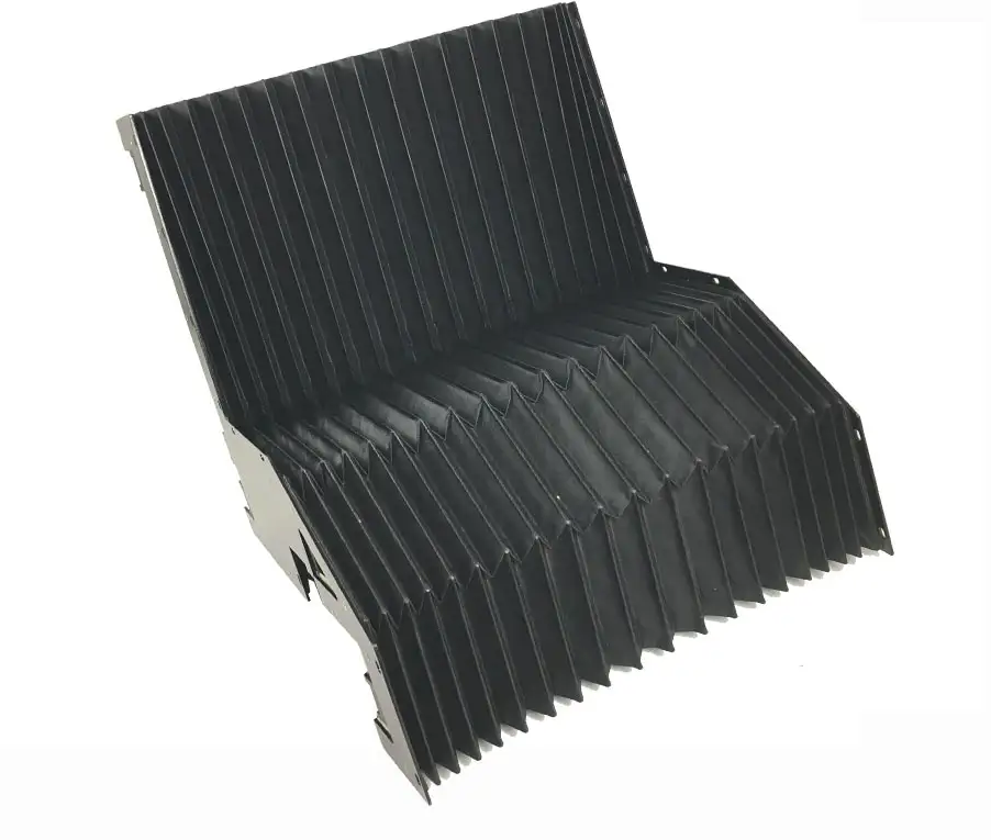 Front detail of special shaped bellow cover with support legs, custom slant bed machine protection