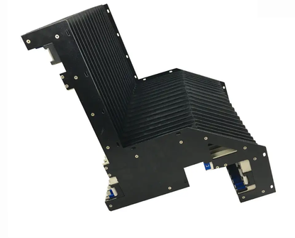 Side detail of special shaped bellow cover with support legs, slant bed machine cover
