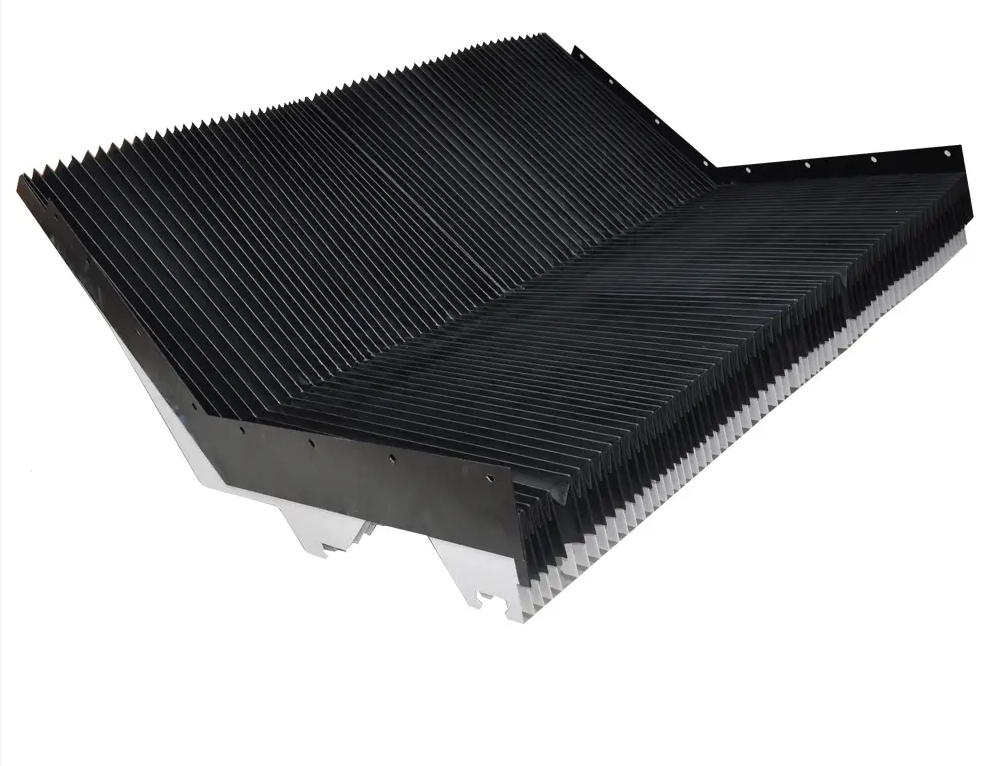 Top detail of special shaped bellow cover with support legs, irregular CNC machine cover